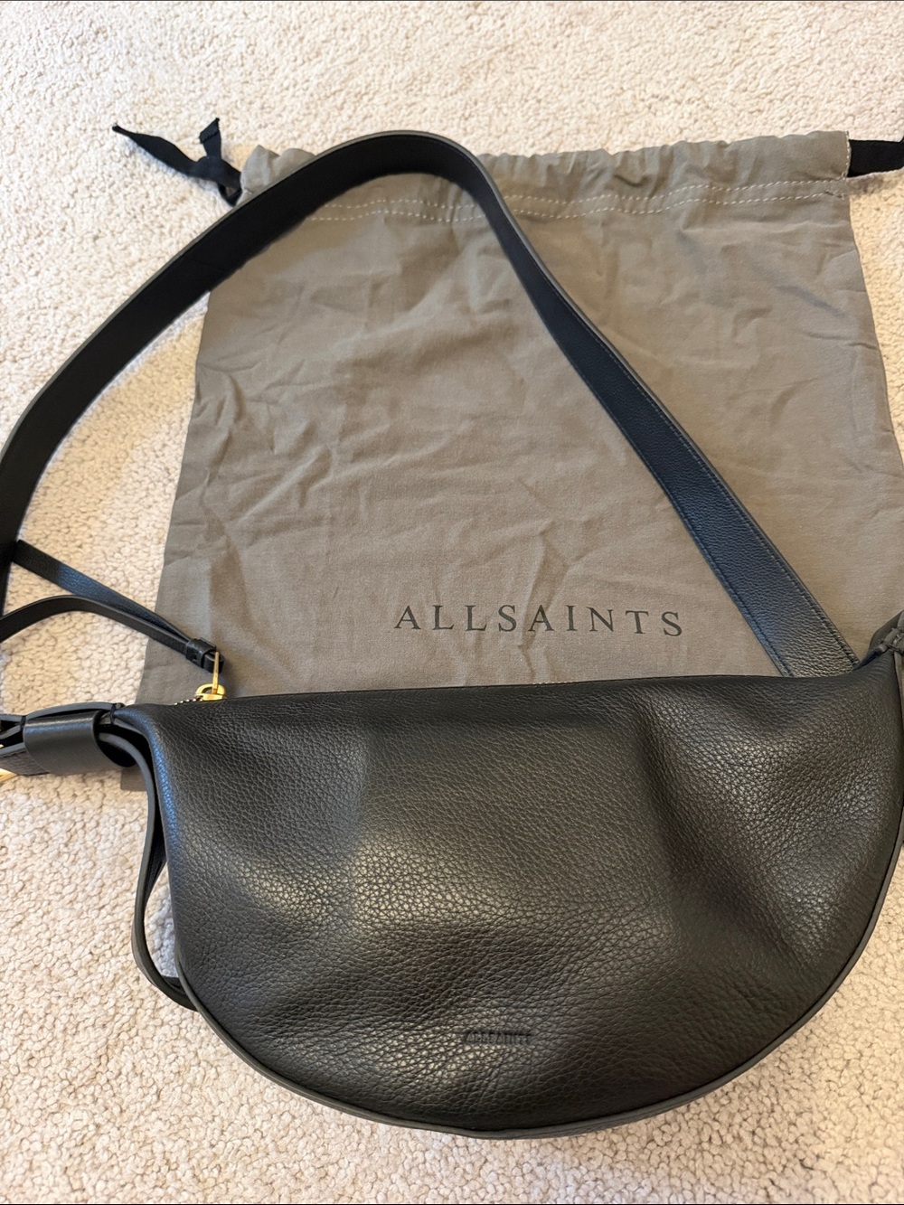 AllSaints Black Pebbled Leather Crescent Crossbody